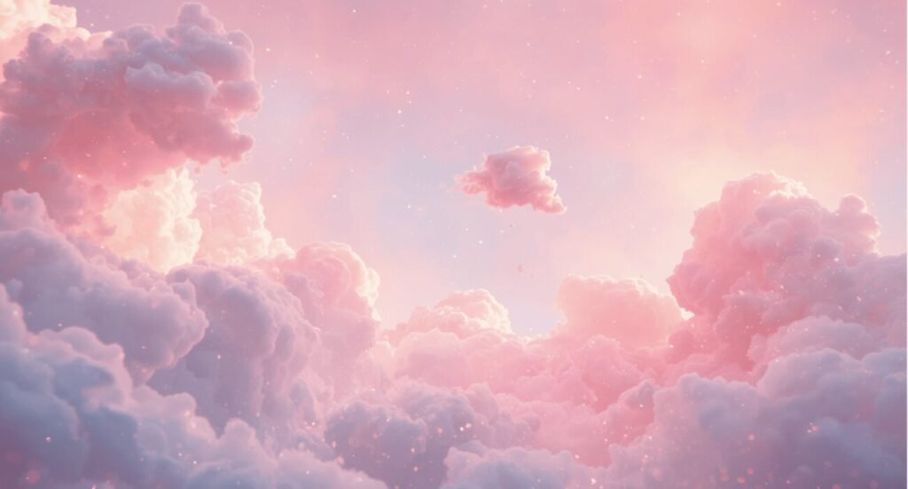 Dreamy pastel pink fluffy clouds with soft magical sparkles aesthetic wallpaper.