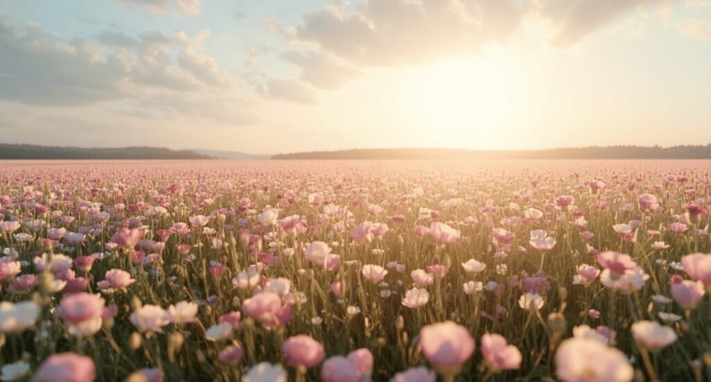 Sunlit field of blooming pink flowers under a golden sunset aesthetic wallpaper.