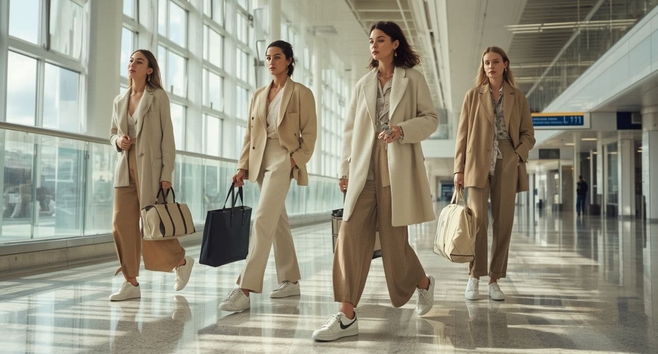 Women wearing a neutral toned airport outfit with tailored coats, relaxed trousers and white sneakers for comfortable travel