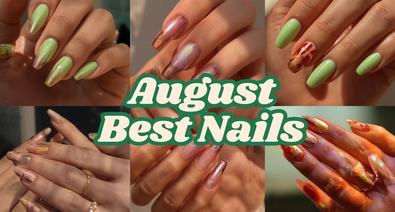 A collage of six summer manicures showcasing abstract swirls and terracotta-toned August nails under warm sunlight.
