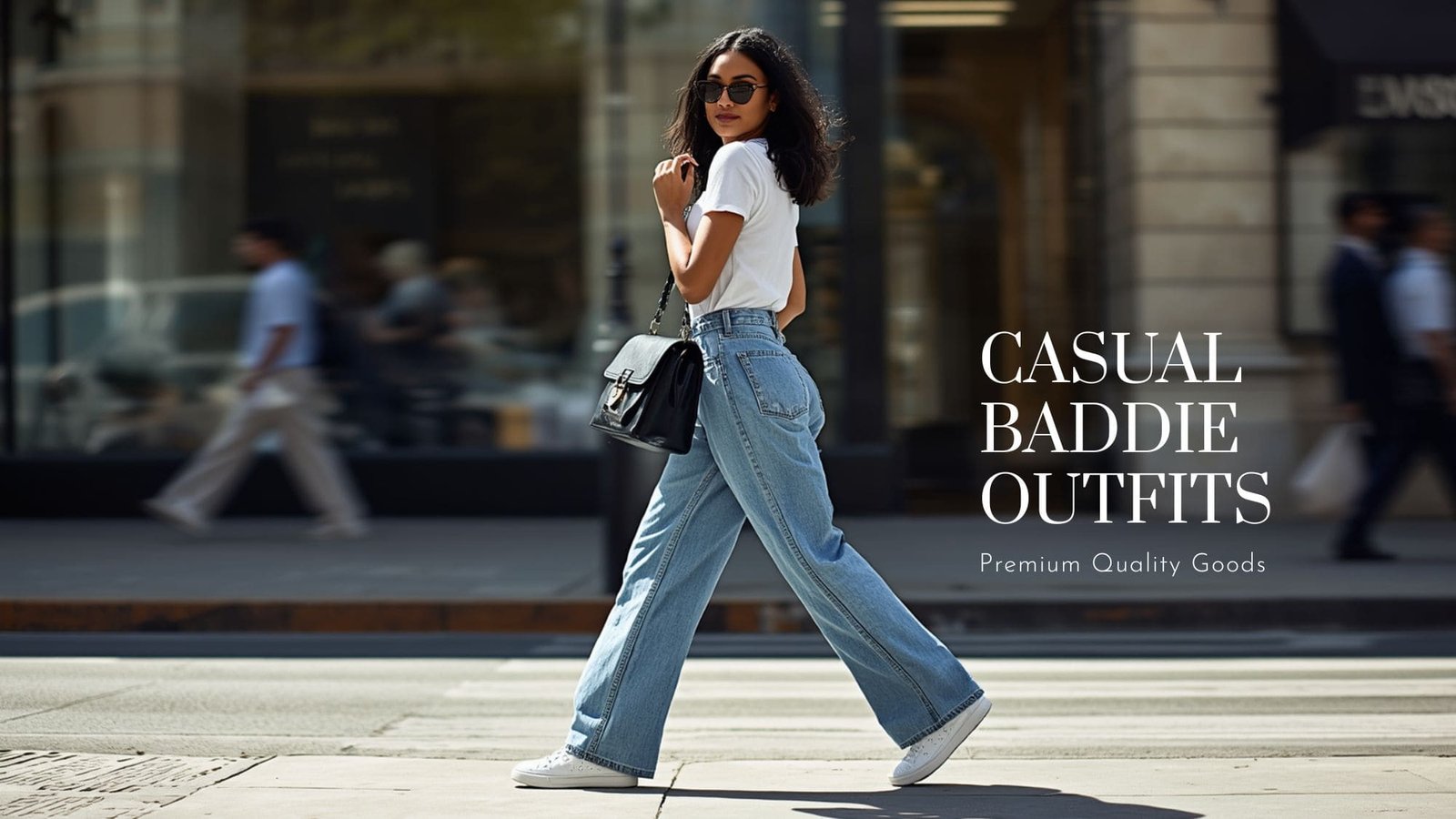 A blog cover image for casual baddie outfits featuring a woman walking across a city street crosswalk in a crisp white t-shirt, high-waisted wide-leg denim jeans, white sneakers, and a black leather handbag.