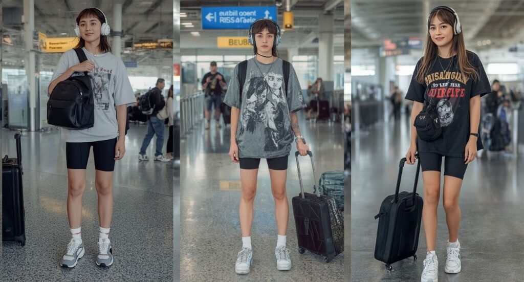 Casual airport outfit with oversized graphic t shirt, biker shorts, headphones and compact luggage