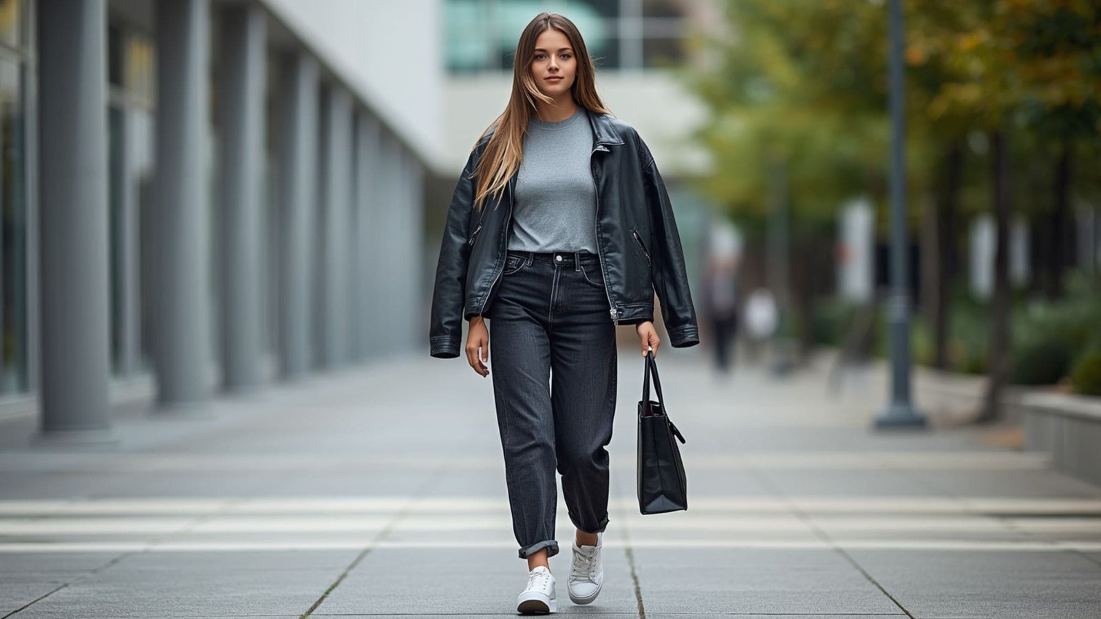 Edgy college campus baddie outfits casual look featuring an oversized vintage black leather jacket, dark grey jeans, a simple grey tee, and white low-top sneakers.
