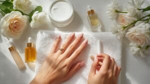 An aesthetic flat lay of a manicure prep routine featuring natural pink back to school nails, white roses, and luxury cuticle oil drops.