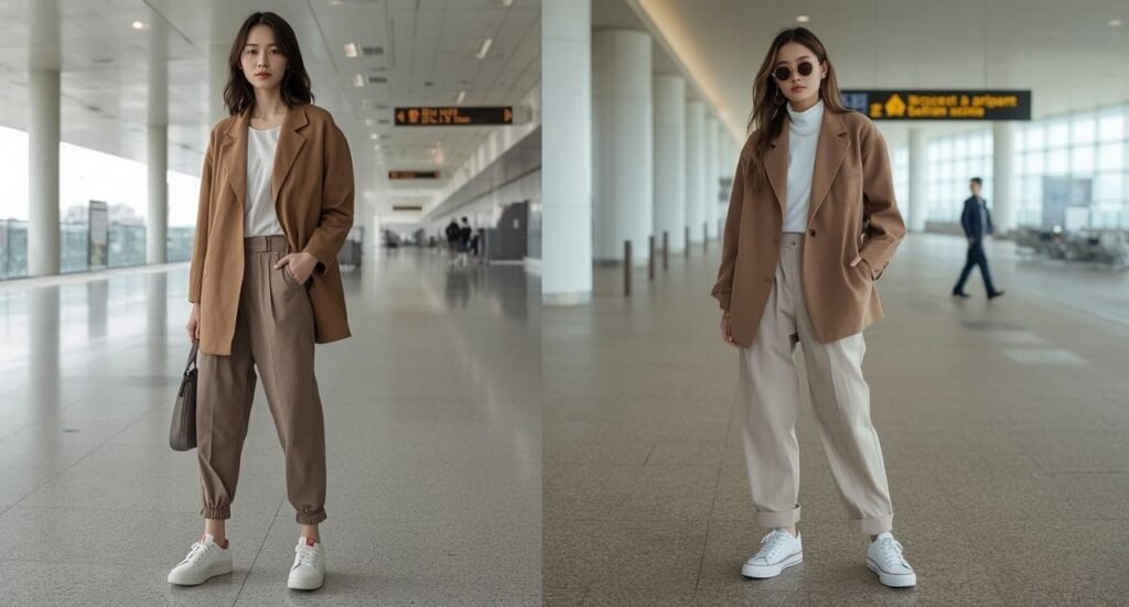 Neutral airport outfit featuring a camel blazer, relaxed trousers, white sneakers and minimal travel styling in an airport terminal