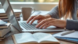 A close-up of a student typing on a grey laptop keyboard with simple, clean pale pink back to school nails.