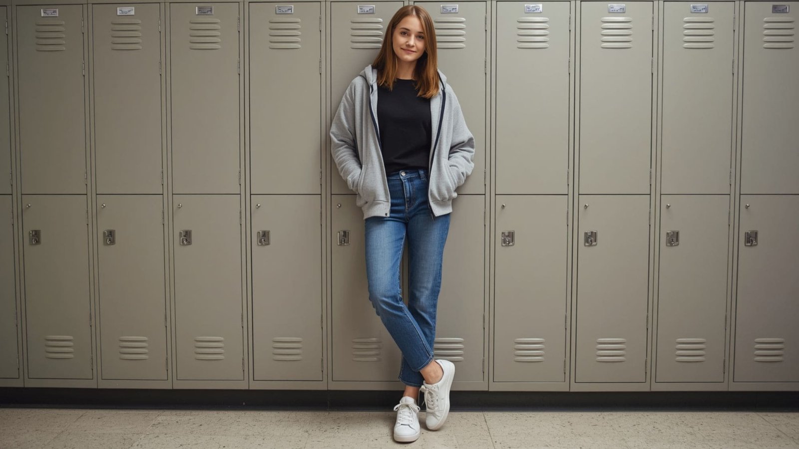 A budget-friendly school outfit matching the baddie outfits casual aesthetic, displaying a grey zip-up hoodie over a black tee, straight-leg denim jeans, and white sneakers by lockers.