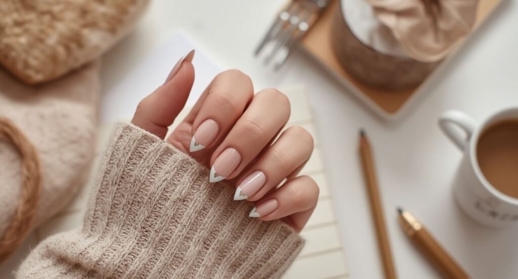 Nude base August nails featuring a clean white V-shaped French tip design accented with small minimalist hearts at the peaks.