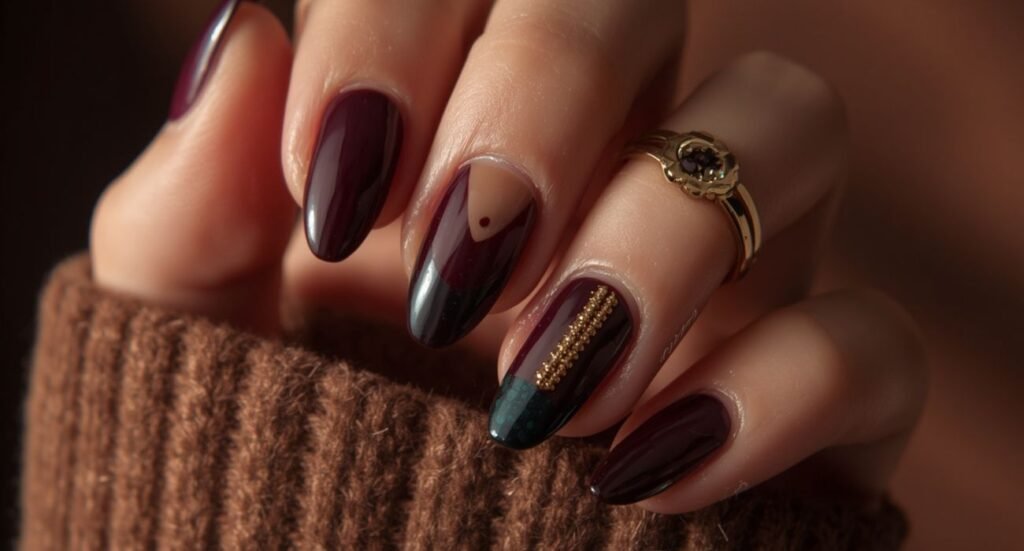 Deep glossy burgundy almond-shaped August nails featuring a unique geometric nude accent and a textured vertical strip of tiny gold beads.