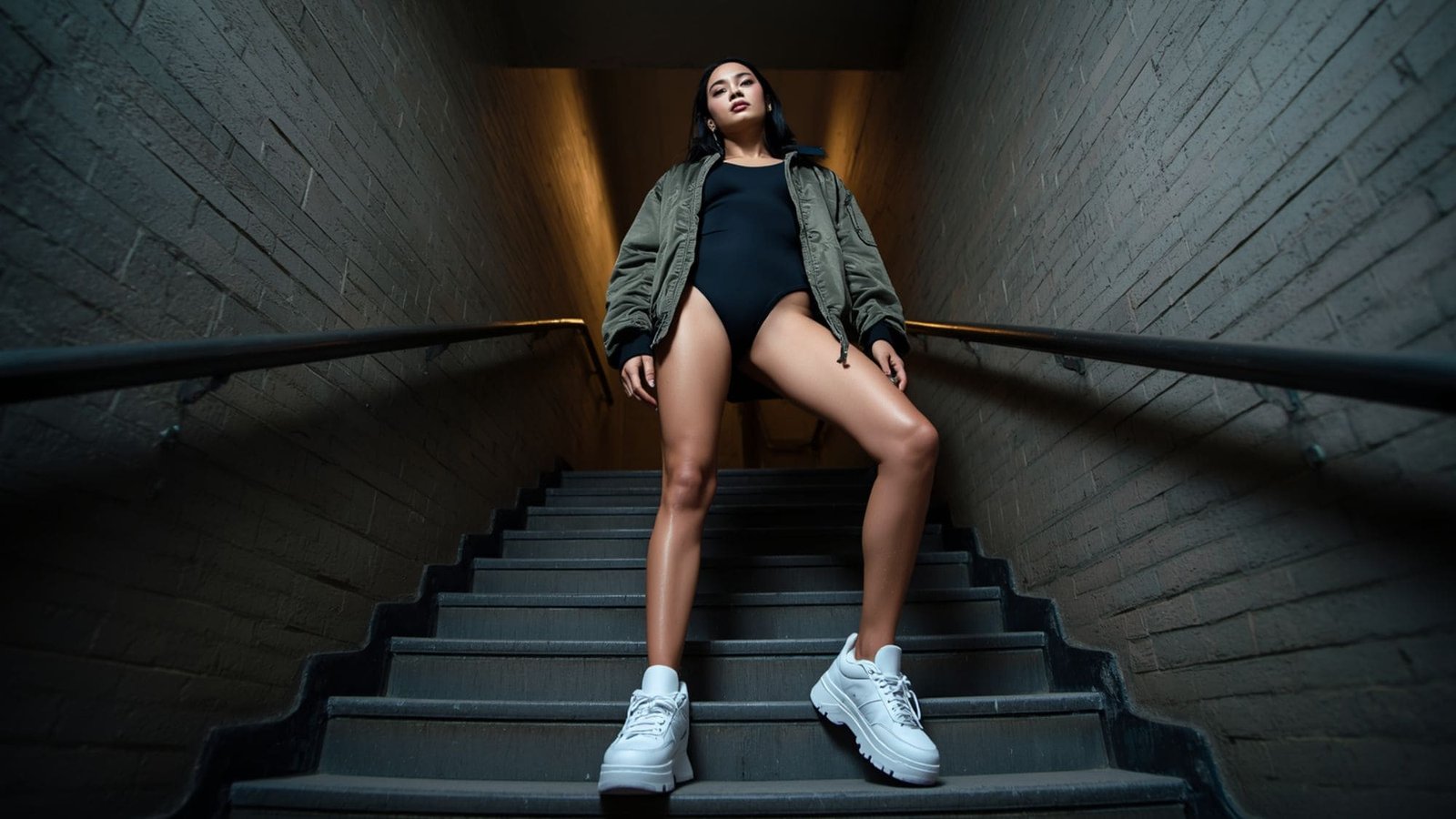 A low-angle urban street style photograph showcasing edgy streetwear baddie outfits casual inspiration with an oversized olive green bomber jacket, a black one-piece bodysuit, and chunky white platform sneakers on a concrete staircase.