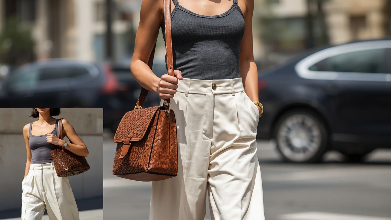 A minimalist high-end look for baddie outfits casual searches, featuring a fitted grey tank top tucked into high-waisted cream pleated trousers with a textured brown woven leather shoulder bag as a statement accessory.