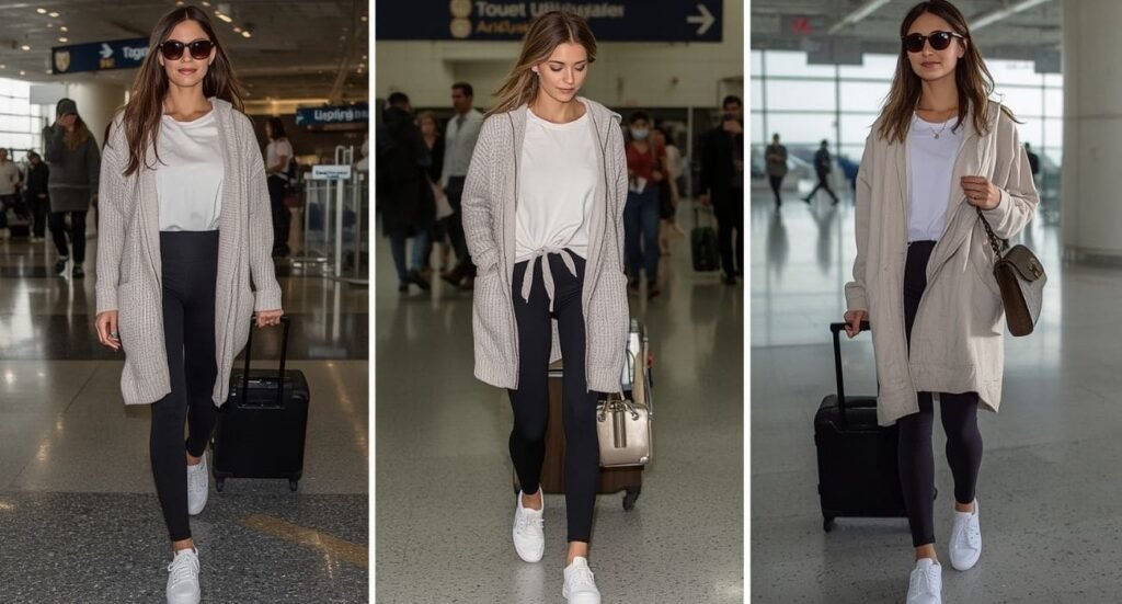 Casual airport outfit featuring a soft cardigan, white top, black leggings and sneakers with carry-on luggage