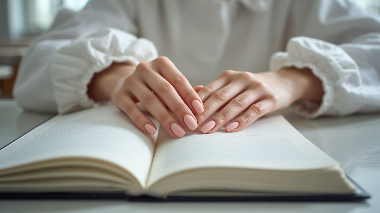 A close-up of a person's hands featuring glossy nude pink back to school nails resting on an open textbook.