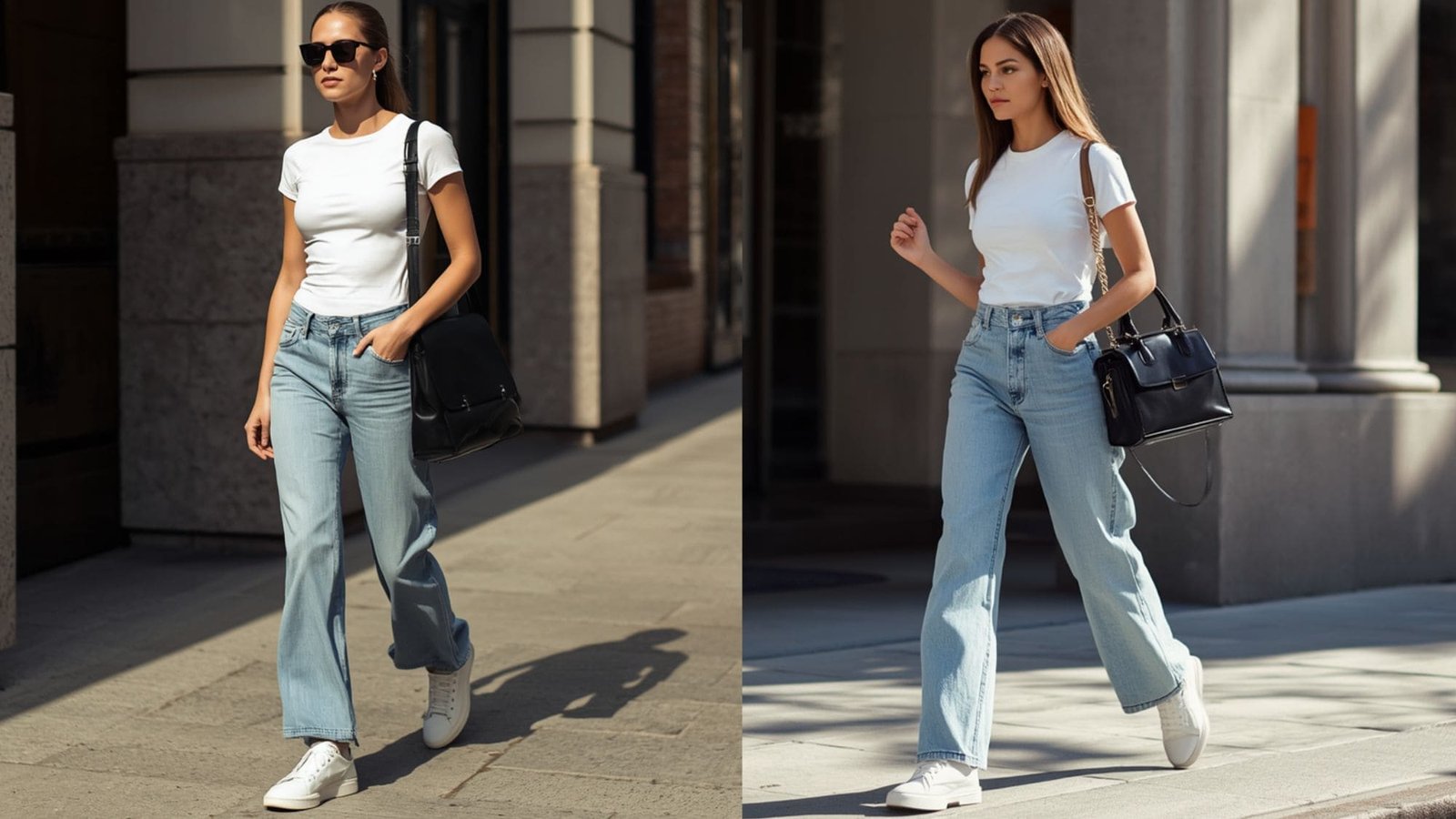 A young woman walking down a city street wearing a signature classic casual baddie outfit consisting of a fitted white baby tee, light-blue baggy jeans, and a black leather shoulder bag.