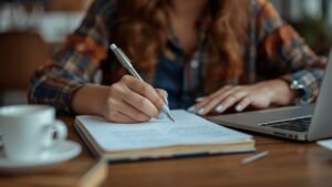 A student writing in a notebook next to a laptop, showcasing light blue back to school nails.