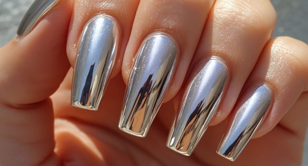 Sophisticated milky white August nails decorated with minimalist gold foil flakes along the cuticle edges.