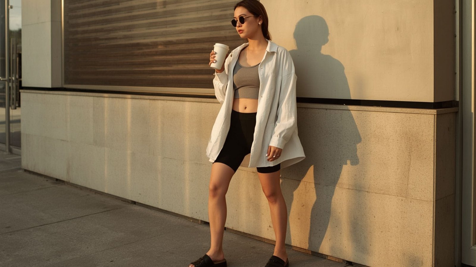 Summer style baddie outfits casual inspiration featuring black bike shorts, a grey crop top, and an oversized open white button-down shirt while holding an iced coffee.