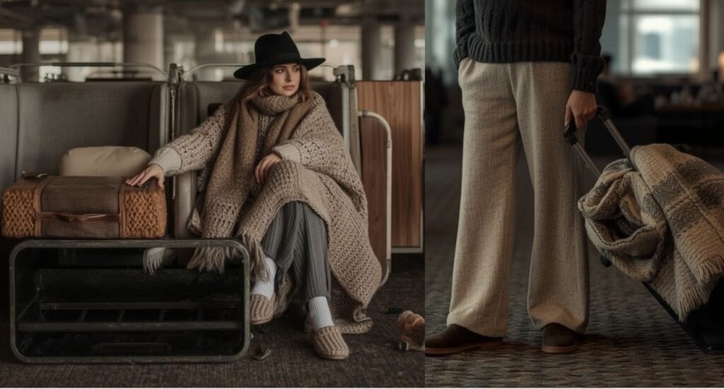 Warm airport outfit with oversized knit layers, scarf, relaxed trousers and comfortable travel accessories