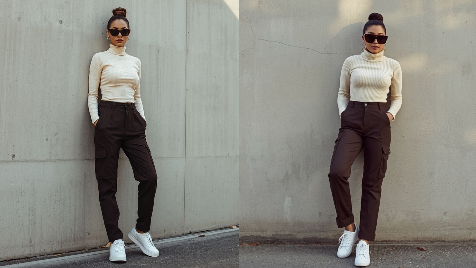 Autumn streetwear baddie outfits casual look showcasing brown cargo pants paired with a cream turtleneck sweater, dark sunglasses, and white sneakers.