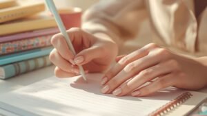 A close-up of short oval nails with a natural nude base and delicate white dot nail art, perfect for back to school nails inspiration.