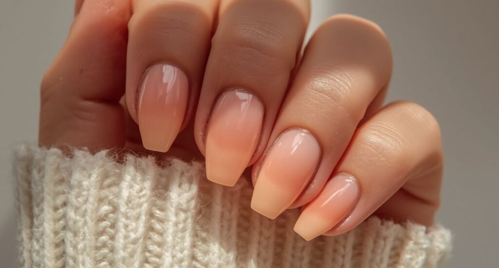 Shimmering sunset orange chrome August nails with a reflective metallic finish catching the golden light.