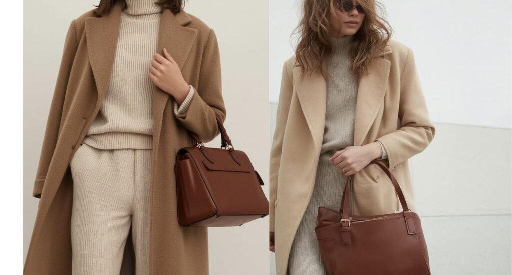 Minimal neutral airport outfit styled with a camel coat, knit set and structured leather handbag