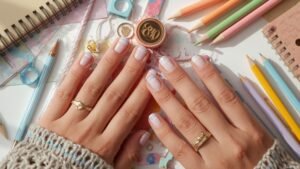 A flat lay view of hands wearing creative notebook paper and blue plaid pattern back to school nails surrounded by colored pencils.