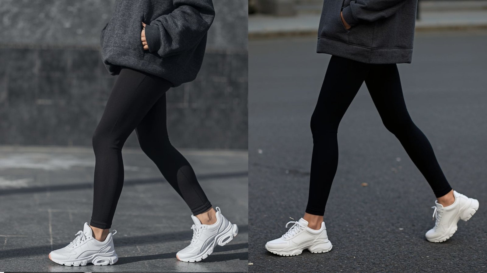A close-up side view of a winter athleisure aesthetic with baddie outfits casual detailing, highlighting black fitted leggings, an oversized grey hoodie, and white chunky dad sneakers.