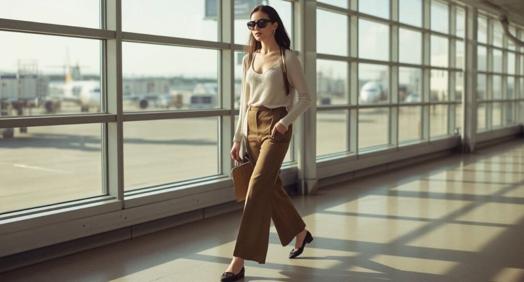 Smart casual airport outfit with wide leg trousers, lightweight top and elegant travel styling