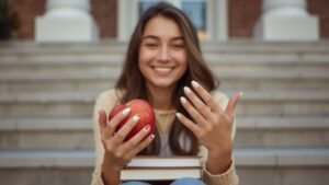 A smiling student on campus steps holding a red apple with books, showing off classic white almond-shaped back to school nails.