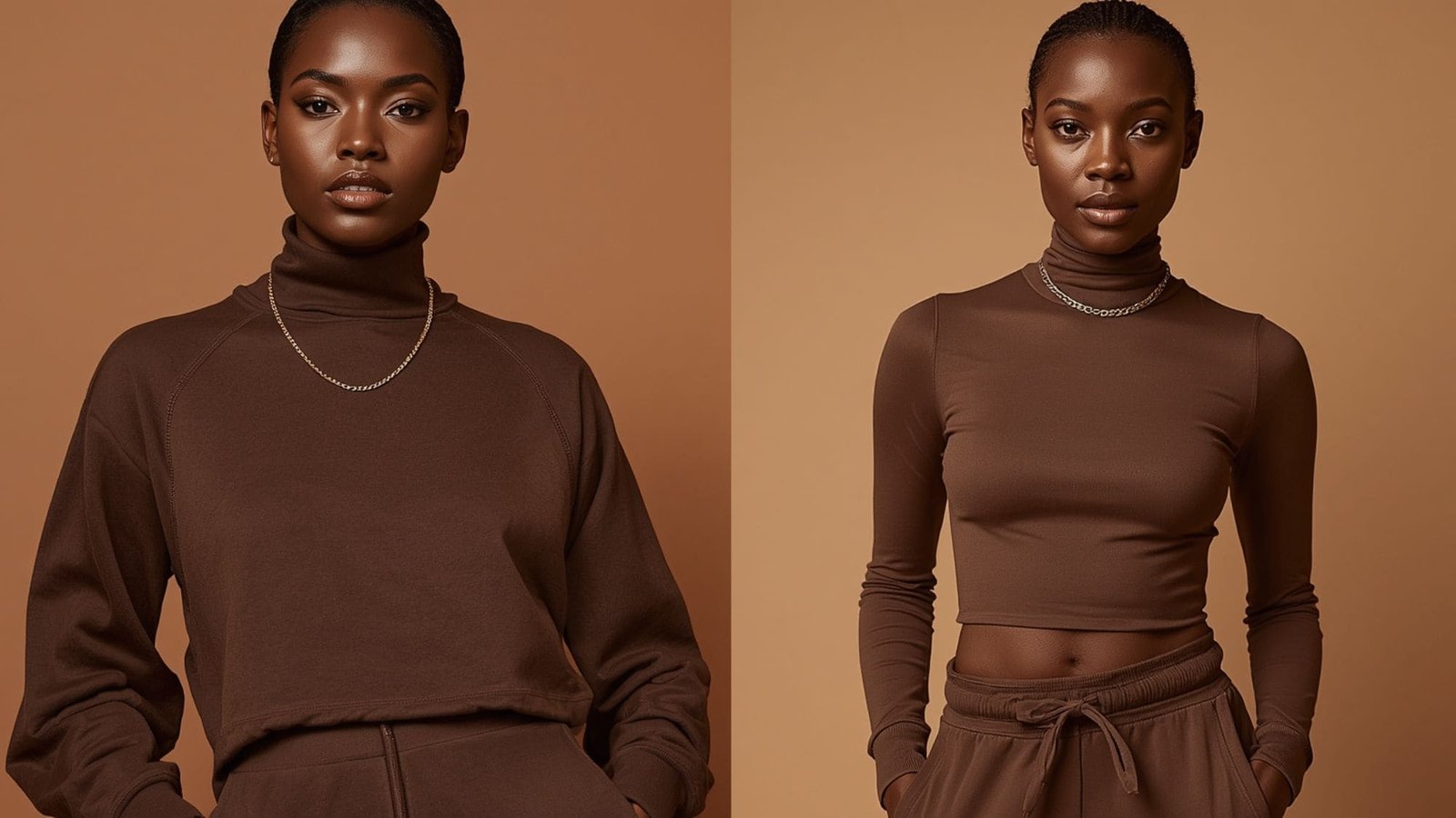 Tonal monochrome brown baddie outfits casual style worn by a Black woman with glowing skin, showcasing a chocolate brown turtleneck top and matching fleece sweatpants.