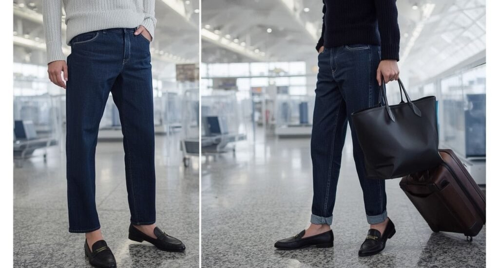 Comfortable airport outfit with dark cropped jeans, knitwear, loafers and structured tote bag
