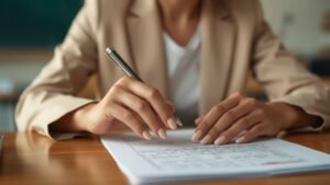 A person wearing a beige blazer filling out paperwork at a desk with subtle neutral beige back to school nails.
