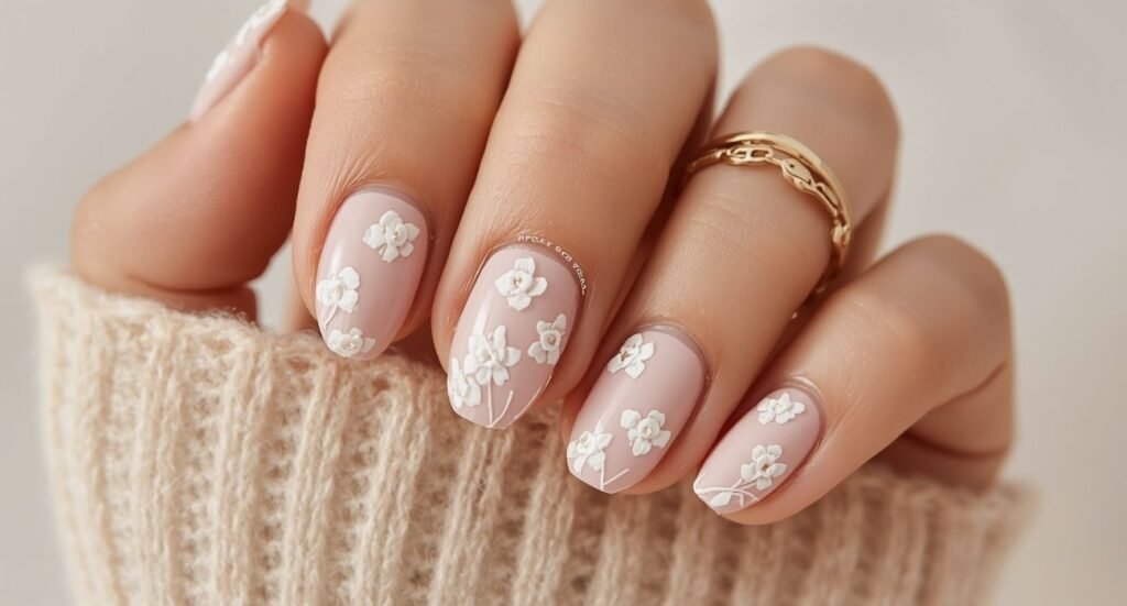 Elegant coffin-shaped August nails featuring a soft nude-to-peach gradient ombre design.