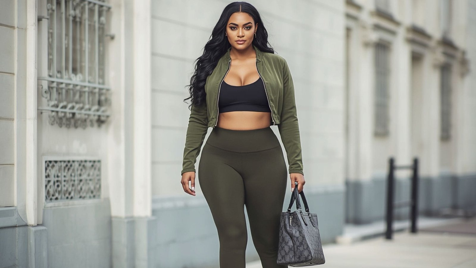 Plus-size friendly baddie outfits casual look featuring high-waisted olive green leggings, a black crop top, and a matching green cropped bomber jacket with a structured bag.