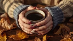 A cozy autumn look featuring a mix of deep burgundy, mauve, and cream back to school nails holding a warm mug of coffee over fallen leaves.