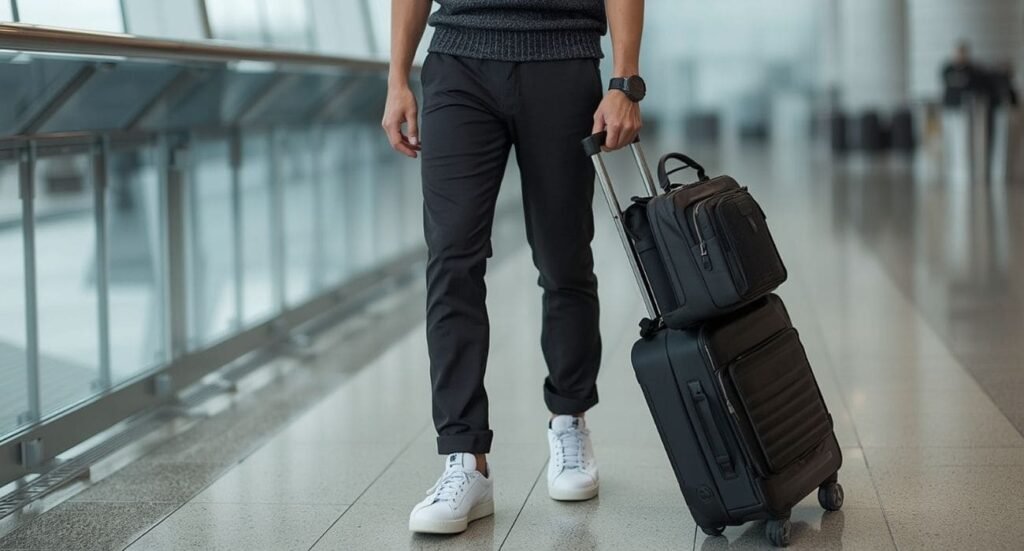 Men’s airport outfit with black travel pants, knit top, white sneakers and rolling luggage