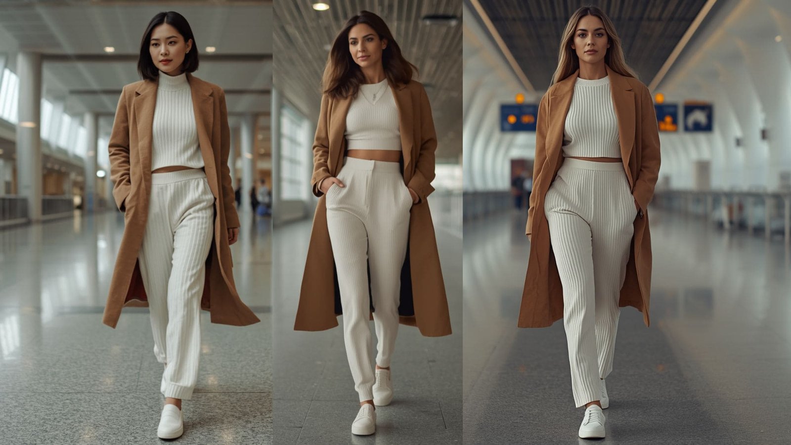 An elegant airport travel fit for baddie outfits casual ideas, composed of a cream-colored ribbed knit matching set layered underneath a longline camel coat.
