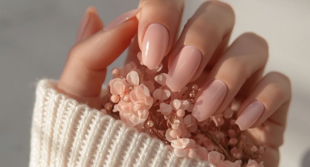 Square August nails with a yellow and green French tip design, featuring a cute hand-painted strawberry accent nail.