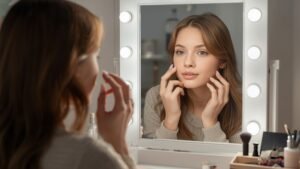 A young woman looking into a lighted vanity mirror while showing a soft blush pink back to school nails look.