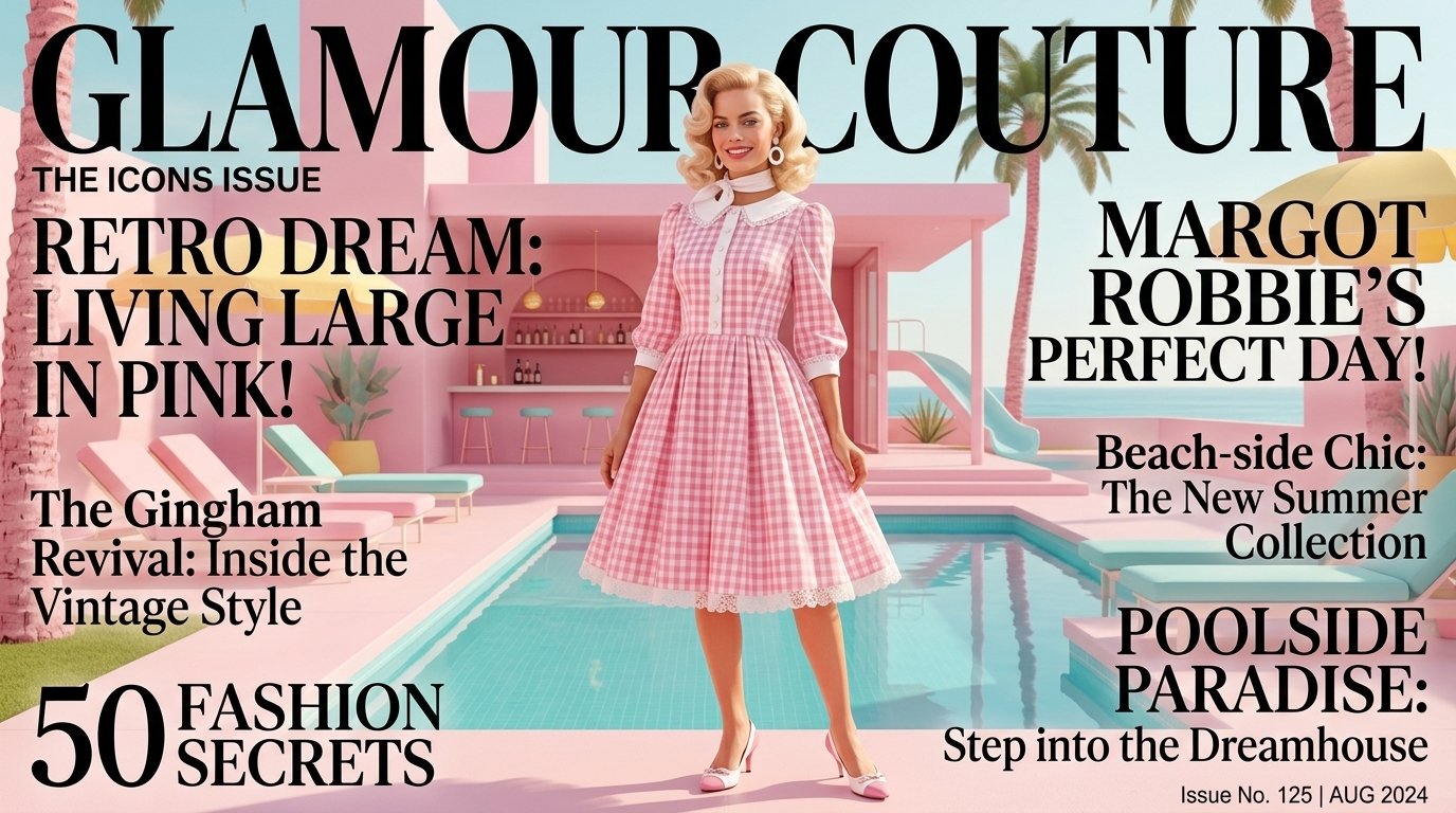 High-fashion magazine cover featuring a Margot Robbie style model in a pink gingham dress poolside for movie-inspired Barbie Halloween costumes.