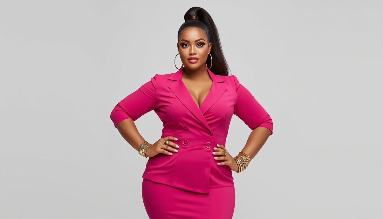 Plus-size model wearing a chic bright pink double-breasted blazer suit with high ponytail for professional Barbie Halloween costumes.