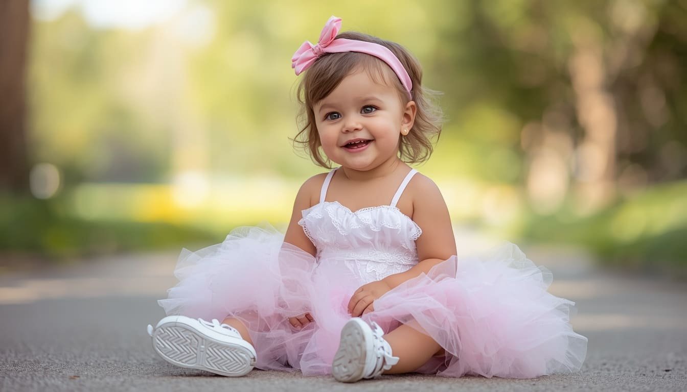 Cute toddler sitting outdoors in a fluffy light pink tulle tutu dress with a matching headband for kids Barbie Halloween costumes.