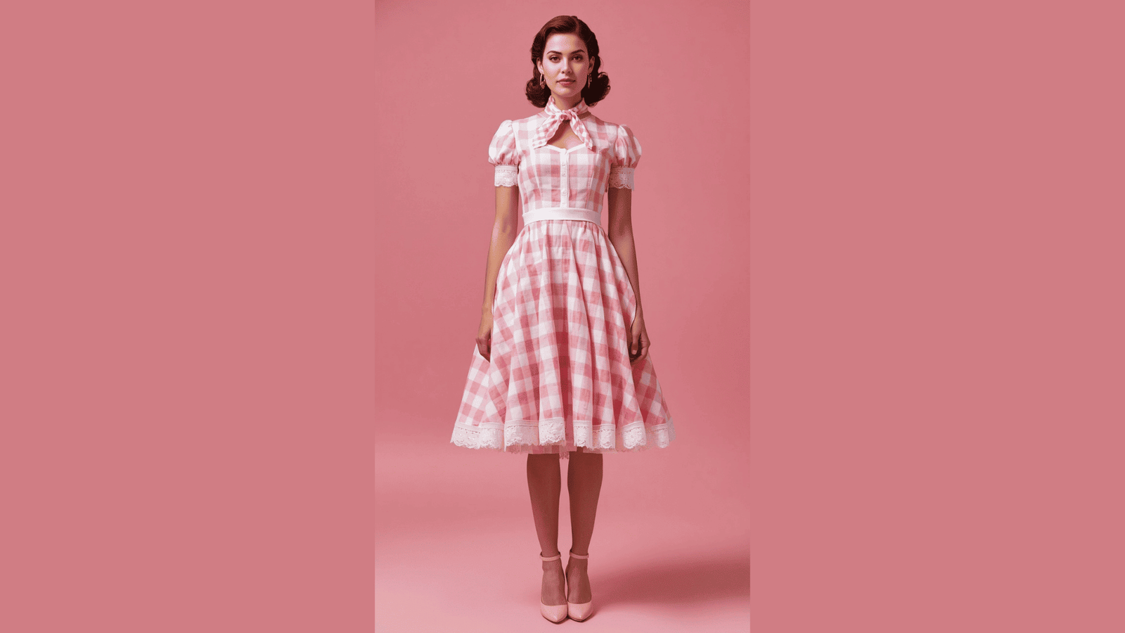 Woman wearing a vintage 1950s style pink and white gingham dress with puffed sleeves for classic Barbie Halloween costumes.