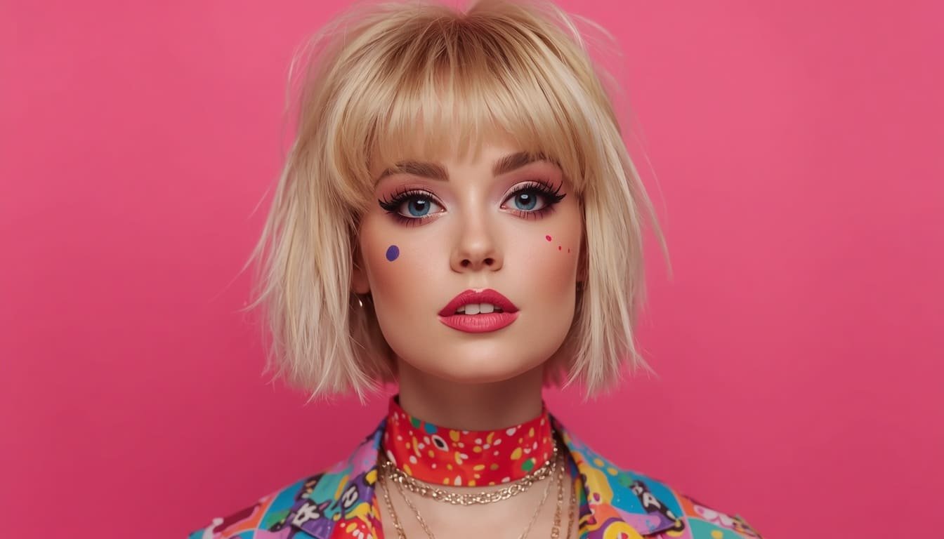 Close-up of a woman with a blonde choppy bob cut, colorful facial paint dots, and bright outfit inspired by Weird Barbie Halloween costumes.